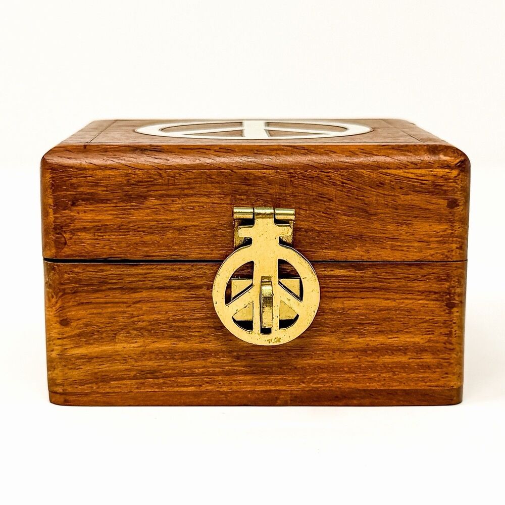 Lucky Brand Peace Sign Wooden Trinket Box Ceramic Bird Boho Hippie Decor - Picture 6 of 10